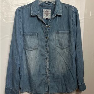SO Light Blue Denim Shirt with design on the back. Upcycled. Size XL
